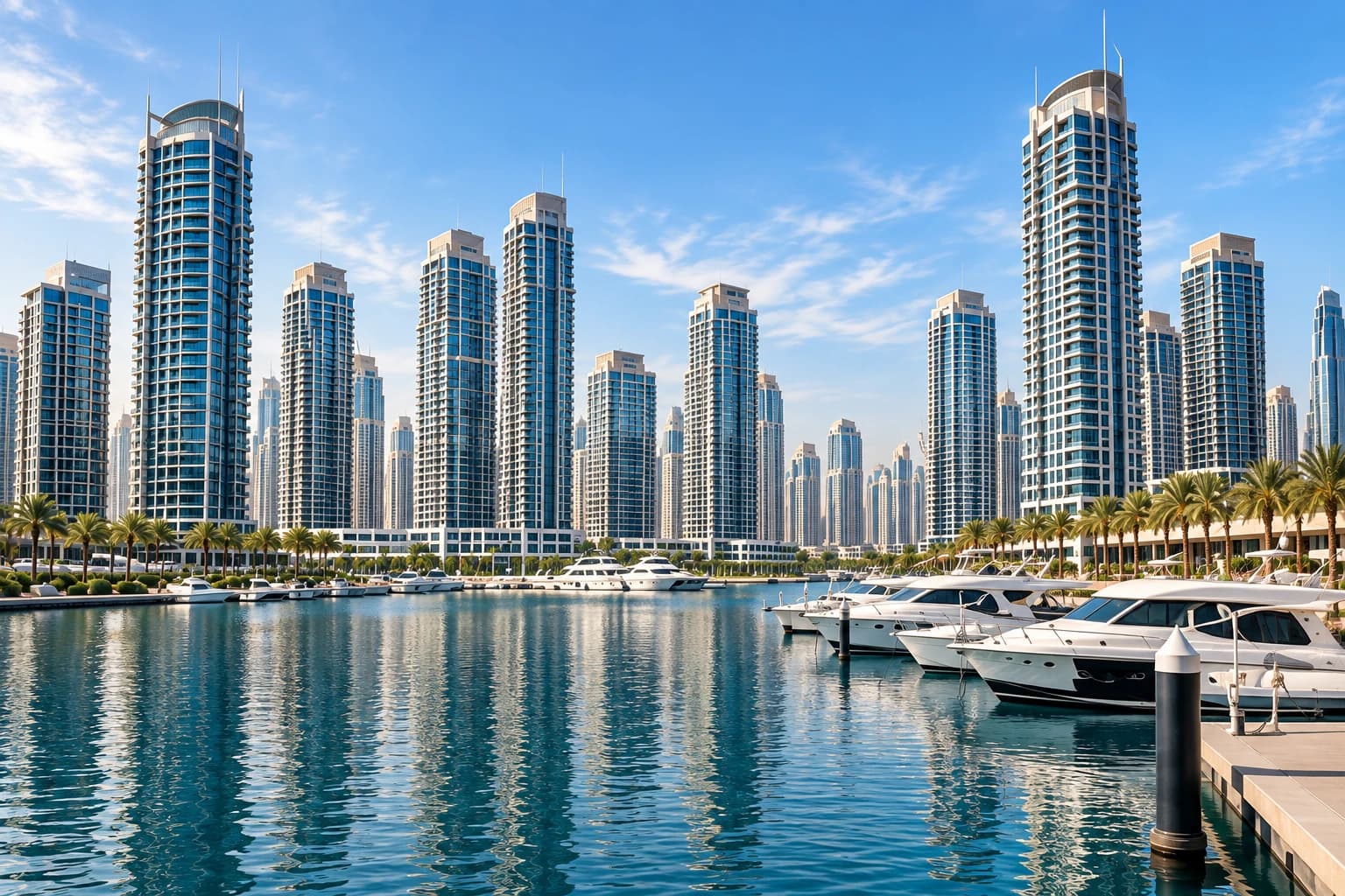 Illustrative marina skyline and moored yachts