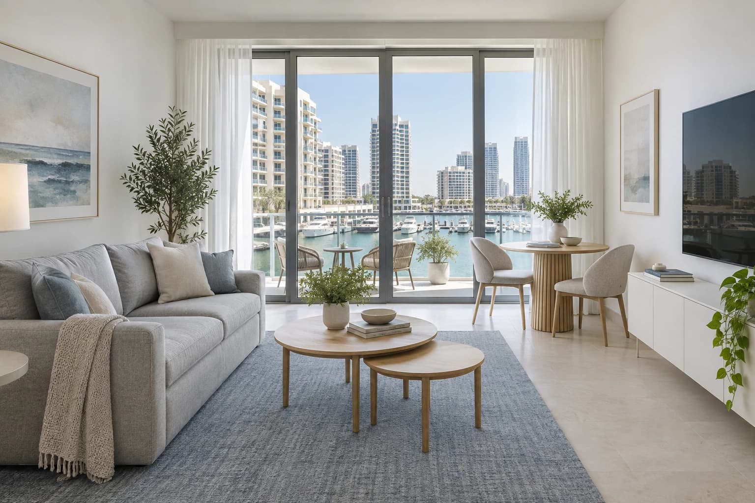 Rental living room with a marina balcony