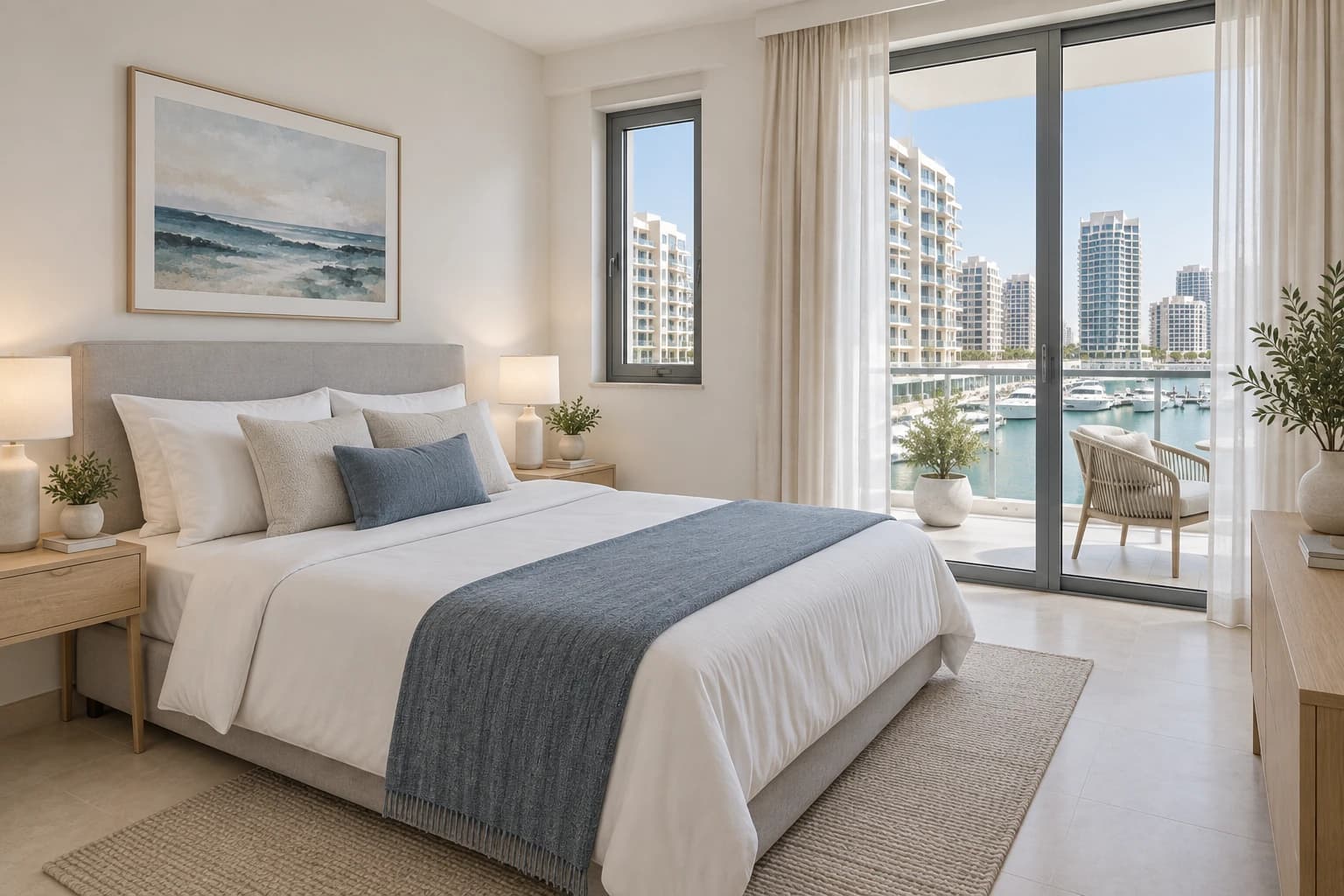 Rental bedroom with blue linen accents