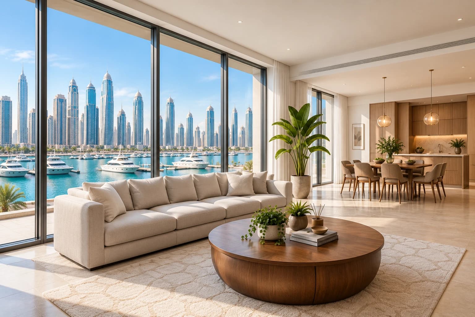 Neutral living room overlooking the marina