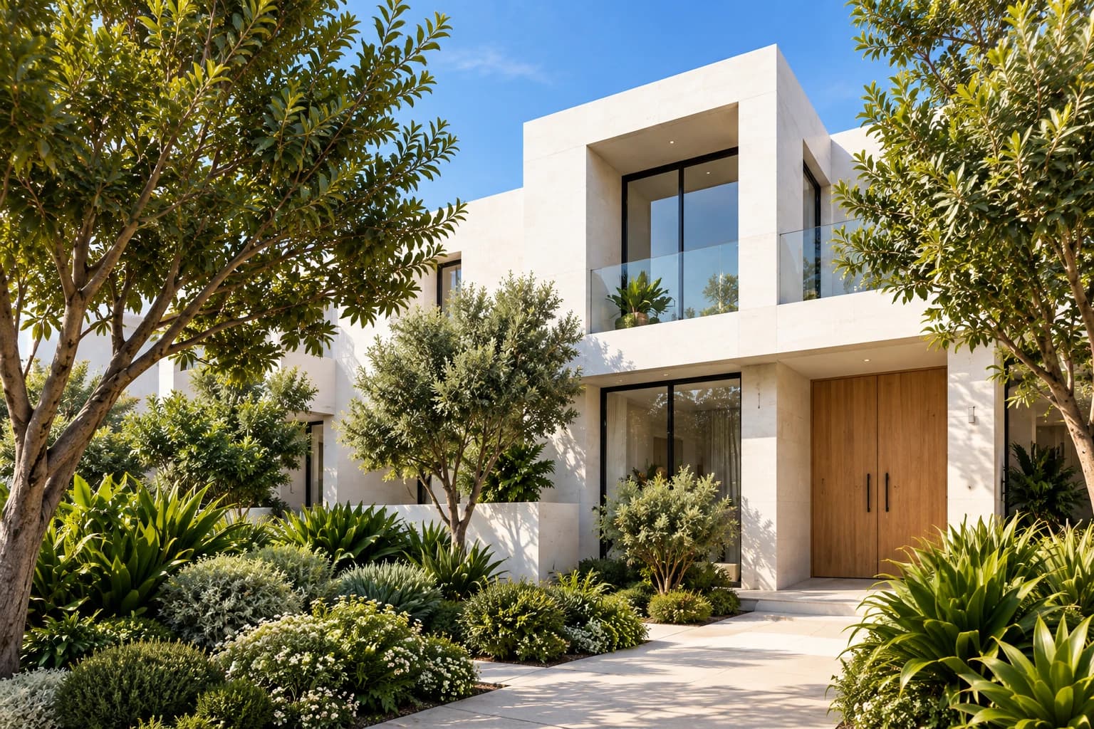 White townhouse with a planted entrance