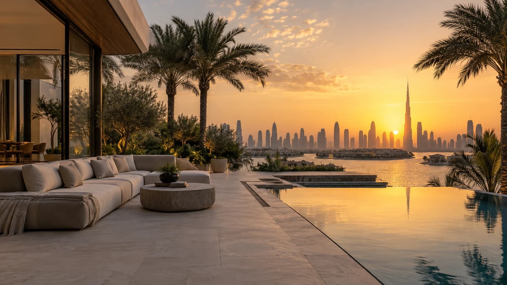 Illustrative villa terrace with an infinity pool facing the Dubai skyline at sunset