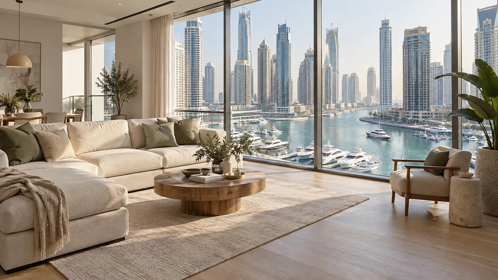Illustrative bright apartment living room with floor-to-ceiling windows over the marina