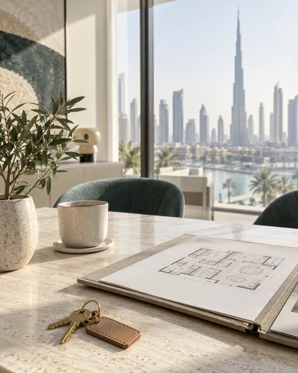 A consultation table with house keys, an open folder of floor plans and an olive plant beside a window over the Dubai skyline