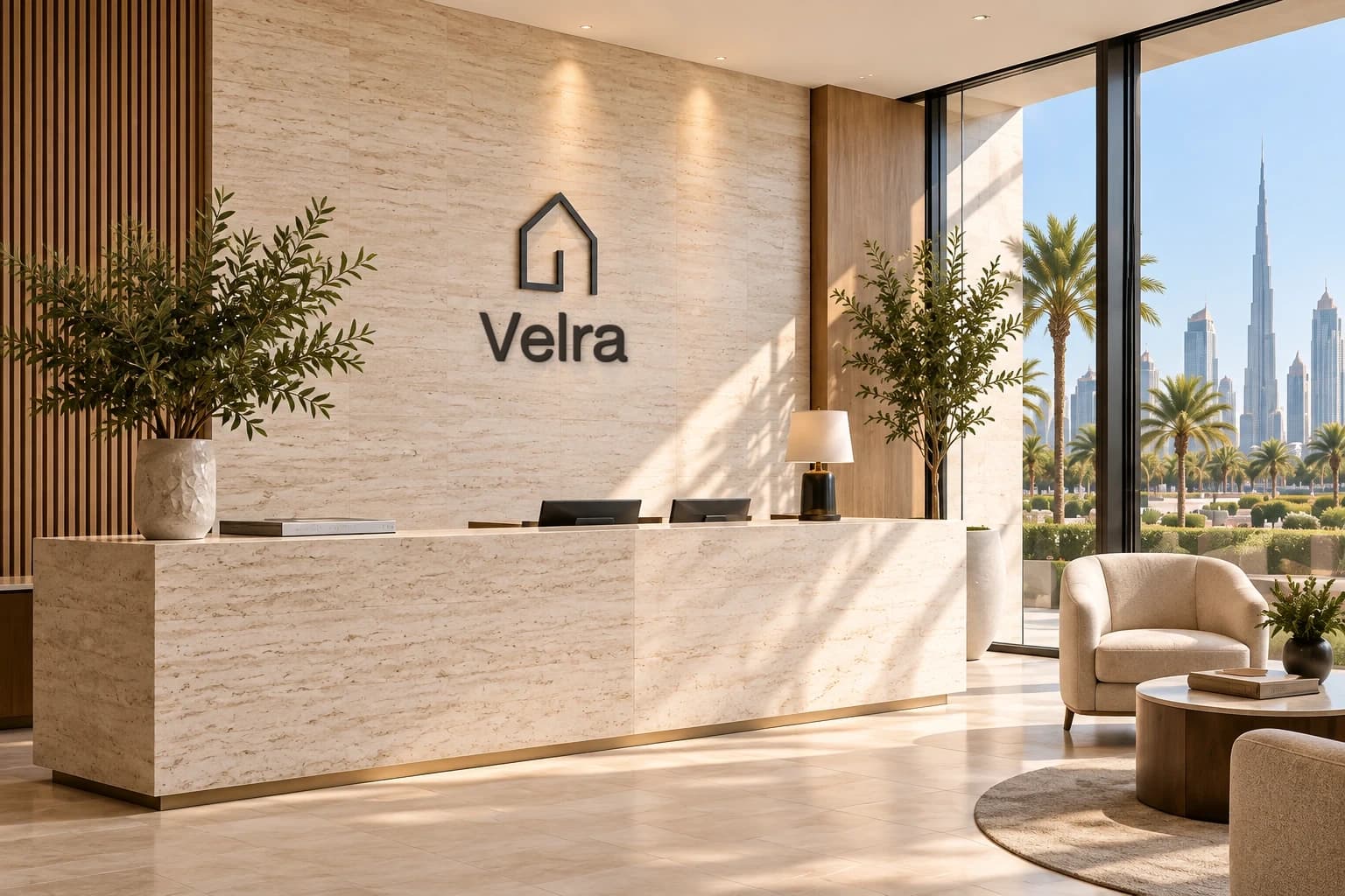 Empty Velra reception in stone and oak